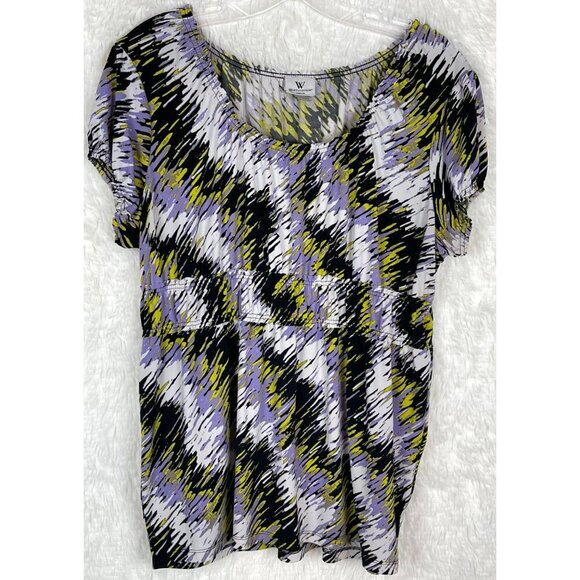Worthington Womens Large Purple Black Yellow White ZigZag Elastic Short Sleeve - Picture 3 of 6